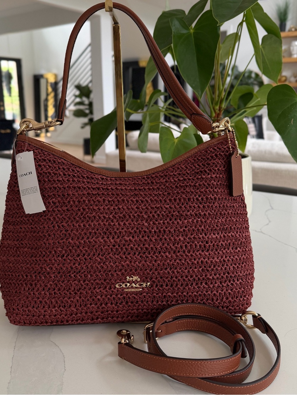 COACH Burgundy Woven Shoulder Bag with Brown Leather Trim